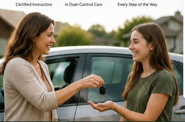 Smiling parent handing car keys to their teen driver beside a car